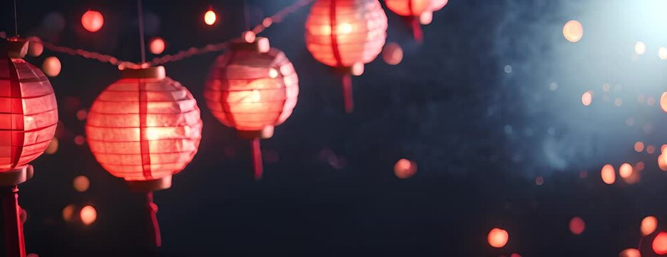 Paper red-white asian japanese chinese lanterns chochin akachochin shines on dark sky. A garland of paper lanterns glows at night. 4K Video