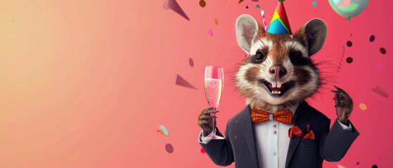 Excited raccoon with a party hat and bow tie holding a champagne glass among falling confetti and balloons - obrazy, fototapety, plakaty