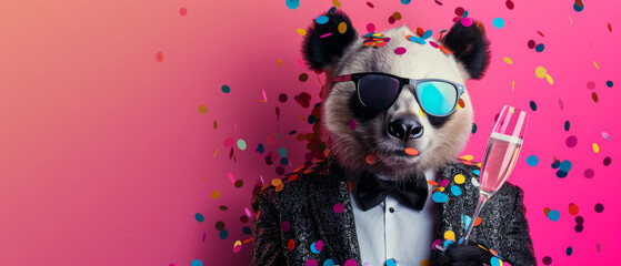 A posh raccoon in trendy black attire and sunglasses celebrates with a champagne glass amid falling confetti - obrazy, fototapety, plakaty