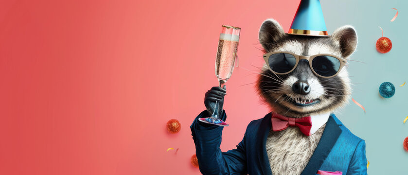 A stylish raccoon dressed in a suit and party hat, celebrating with a glass of champagne against a colorful backdrop