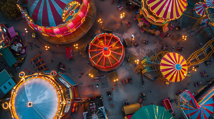 A vibrant aerial shot captures the lively essence of an amusement park, with its various tents, rides,
