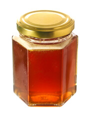 Glass bottle of fine honey with golden lid on white background. Agriculture organic product famous for its sweet taste and health benefits and value.
