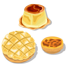 Creme caramel and Melonpan on a white background.Eps 10 vector.