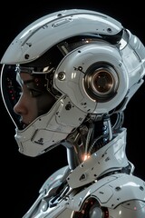 Fototapeta premium Female AI bot with a reflective material on a black background