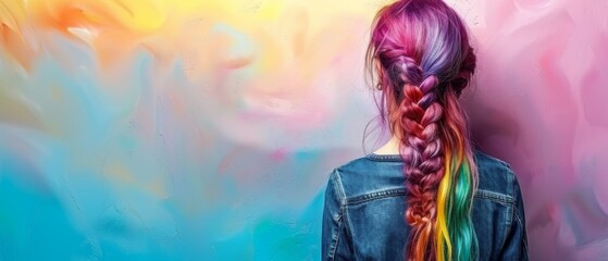  A woman, multi-haired, stands before a wall, her braid fishtailed - obrazy, fototapety, plakaty