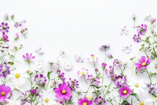 Vibrant Floral Arrangement Bordering a Blank White Background for Creative Design © Olena Rudo