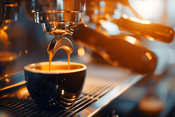 closeup of a coffee machine pouring espresso into a black cup in a cafe