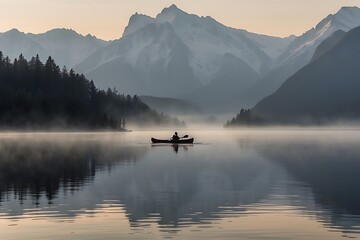 A man paddling a kayak on a calm lake in the mountains - obrazy, fototapety, plakaty