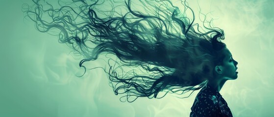  A woman's hair dances in the breeze on a blue and green backdrop with swirling patterns