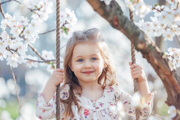 Young Girl Enjoying a Swing Ride Amongst Spring Blossoms at Sunset