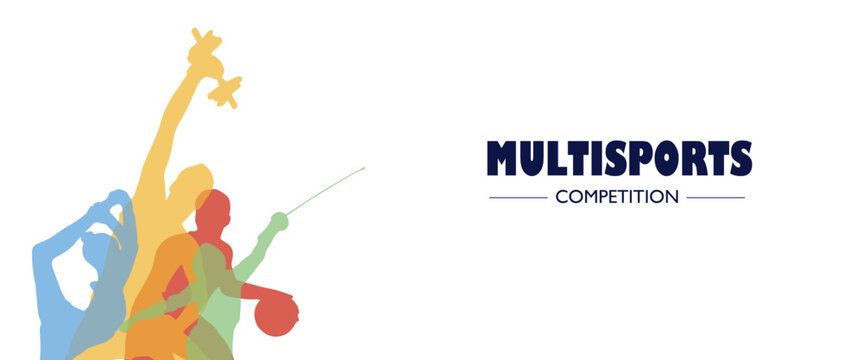 Athletes day. Multisports competition. Sports silhouettes blue yellow red green. Multisport. digital design and printing model. Copy space - Stock vector