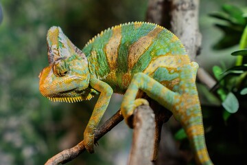 A beautiful green chameleon sits on a branch in its natural habitat. Concept for zooexotarium, nature, zoo, pet store, aquarium, terrarium