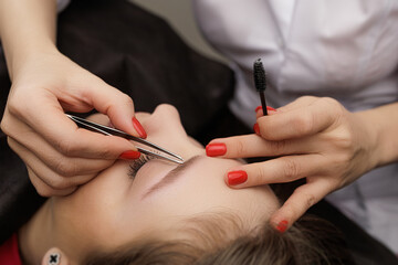 Correction of eyebrows with tweezers before the permanent makeup procedure. Second PMU procedure in...