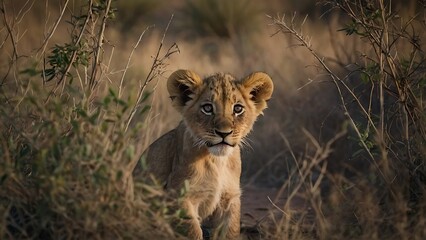 a lion cub is standing in the grass.