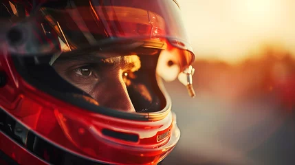 Gardinen Close up of race car driver in helmet with red and black colors © digitalpochi