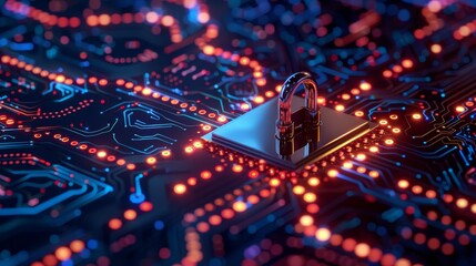 Digital Fortress Illuminated Binary Code and Virtual Locks on Futuristic Circuit Board
