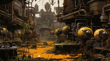 A cybernetic wasteland with rusted machinery and glitc