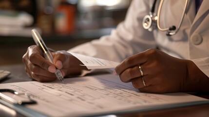 Precise Care Healthcare Professional's Hands diligently documenting patient's medical record - Powered by Adobe