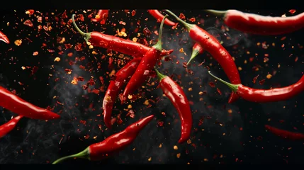 Fotobehang Hot red pepper, Flying composition on black background © ksu_ok