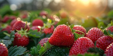 A vibrant strawberry field offers organic, ripe fruits, embodying summer's sweetness and nourishment. - obrazy, fototapety, plakaty