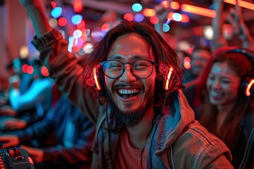 A joyful group celebrates in a nightclub, capturing moments of excitement and enjoyment.
