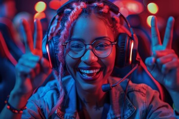 A joyful woman dj with braided hair flashes a peace sign, enjoying the nightclub atmosphere with...