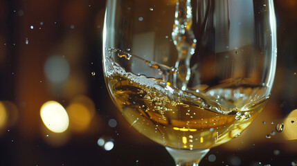 Wine glass with pouring white wine, copy space
