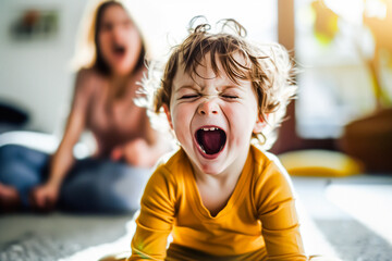 Child having tantrum. Kid screaming and angry mother. Mom scolding toddler with temper. Sad crying boy with parent. Bad parenting. Discipline in conflict and fight. Son shouting. Woman with stress.