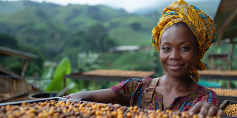 In a cheerful portrait, a charming black woman tends to crops on a rural coffee plantation.