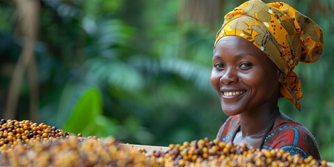 In a vibrant portrait, a smiling black woman in a headscarf harvests coffee on a plantation.