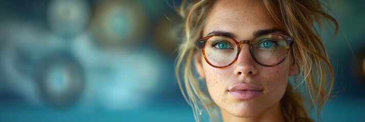 A stunning blonde woman wears stylish eyeglasses in a captivating portrait. - obrazy, fototapety, plakaty