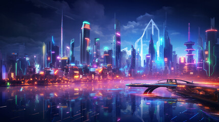 A cyberpunk cityscape with neon lights and futuristic