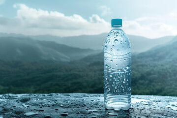 a half full water bottle, with water drops. In the background a mountainous landscape