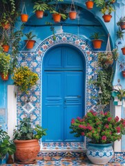 Fototapeta na wymiar A blue door is enclosed by various potted plants, creating a vibrant and inviting entrance to a building
