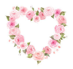 Watercolor floral heart shaped arrangement of pink roses. Wedding floral heart wreath composition., roses frame clipart. Valentine's Day postcards and greeting cards design.