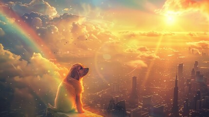 A contemplative puppy sits atop a high vantage point, observing a stunning sunset over a cityscape with a vibrant rainbow. - obrazy, fototapety, plakaty