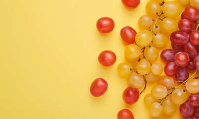 white/ yellow grapes seen from above on a pastel yellow table top background,  wallpaper with copy space - obrazy, fototapety, plakaty