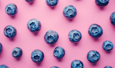 blueberries seen from above on a pink pastel background, top view banner with copy space summer fruits