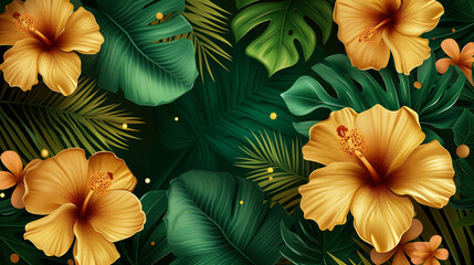 gold and black tropical leaves on dark background. Exotic botanical background design, wrapping paper, wallpaper