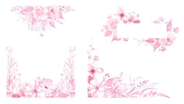 Watercolor pink floral borders, bouquets. Light pink flowers, leaves PNG. soft blush roses - seamless border, corner border, frame. Elegant Wedding clipart. Monochrome spring summer pink flowers PNG