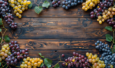 red and white/ yellow grapes seen from above on a wooden table top wallpaper with copy space