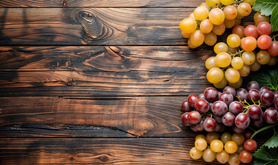 red and white/ yellow grapes seen from above on a wooden table top wallpaper with copy space - obrazy, fototapety, plakaty