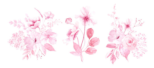 Fototapeta na wymiar Watercolor pink floral borders, bouquets. Light pink flowers, leaves PNG. soft blush roses - seamless border, corner border, frame. Elegant Wedding clipart. Monochrome spring summer pink flowers PNG