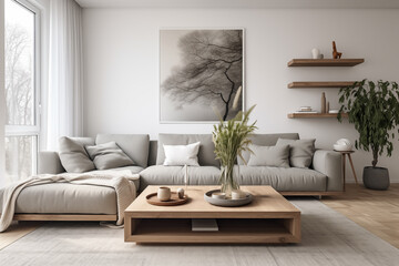 gray couch and wooden table are in a living room