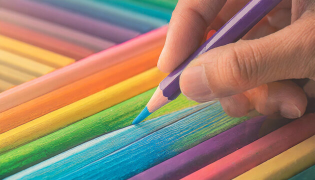 a hand drawing a colorful spectrum with a rainbow pencil
