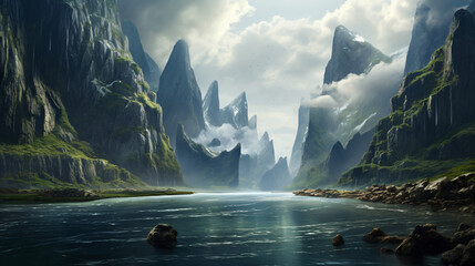 A dramatic fjord surrounded by towering cliffs  - obrazy, fototapety, plakaty
