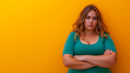 Obraz premium Young confused sad indignant chubby overweight plus size big fat fit woman isolated on yellow color background
