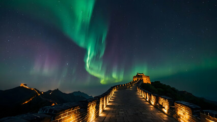 Aurora over the Great Wall of China Photo real for Legal reviewing theme ,Full depth of field, clean bright tone, high quality ,include copy space, No noise, creative idea