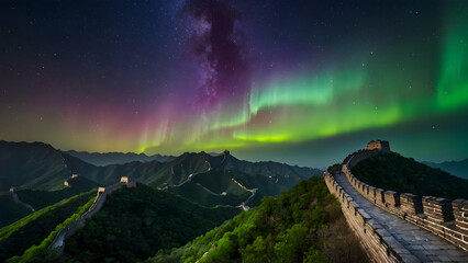 Aurora over the Great Wall of China Photo real for Legal reviewing theme ,Full depth of field, clean bright tone, high quality ,include copy space, No noise, creative idea
