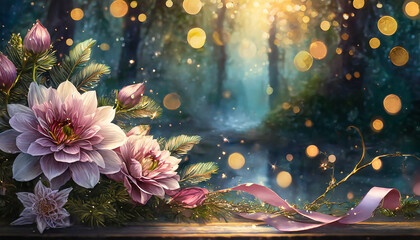 Background with flowers and ribbon - obrazy, fototapety, plakaty